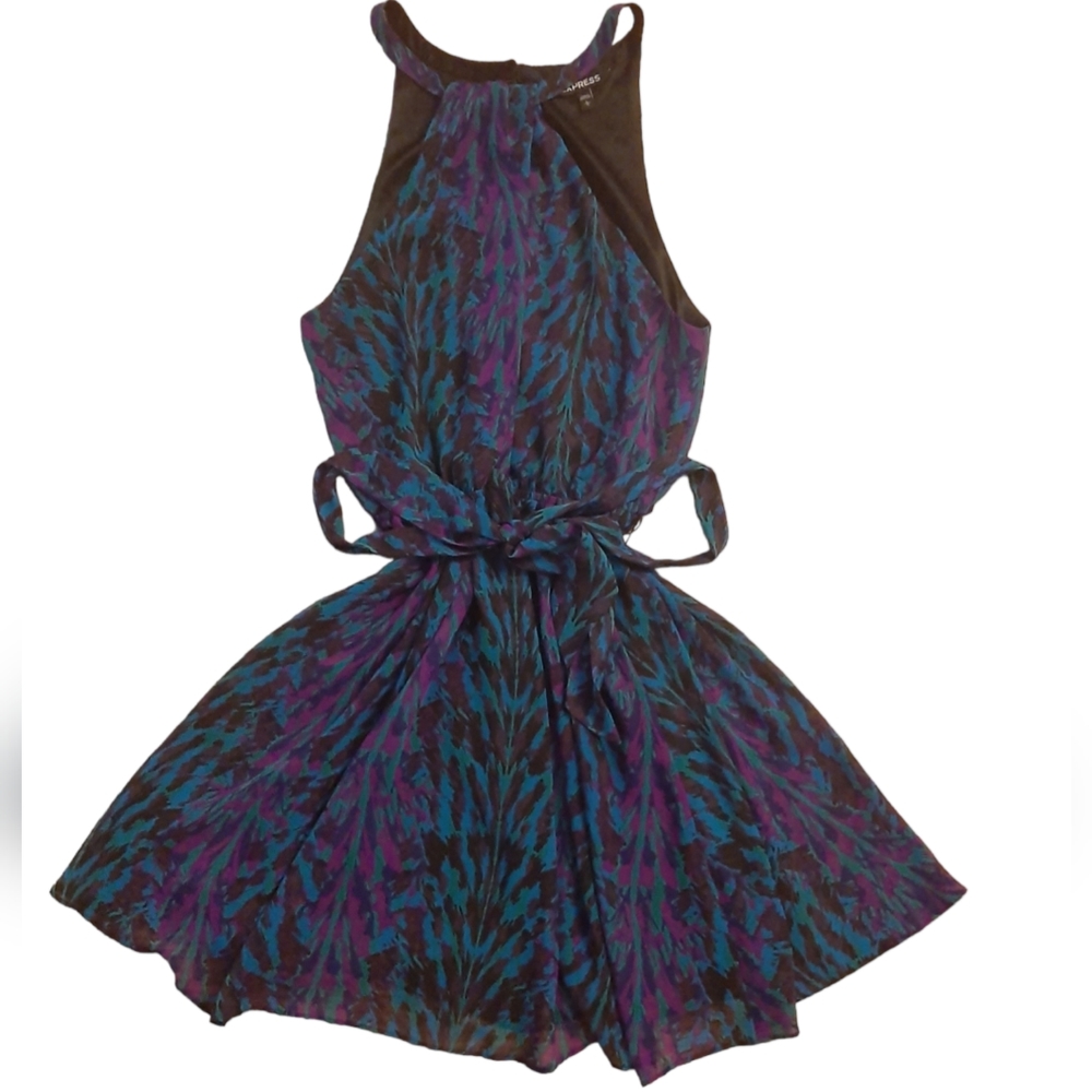 black/blue/purple/green EXPRESS animal print HALTER MINI dress - size L